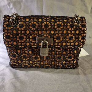 Kurt Geiger Black and Gold Floral Lace Shoulder Bag